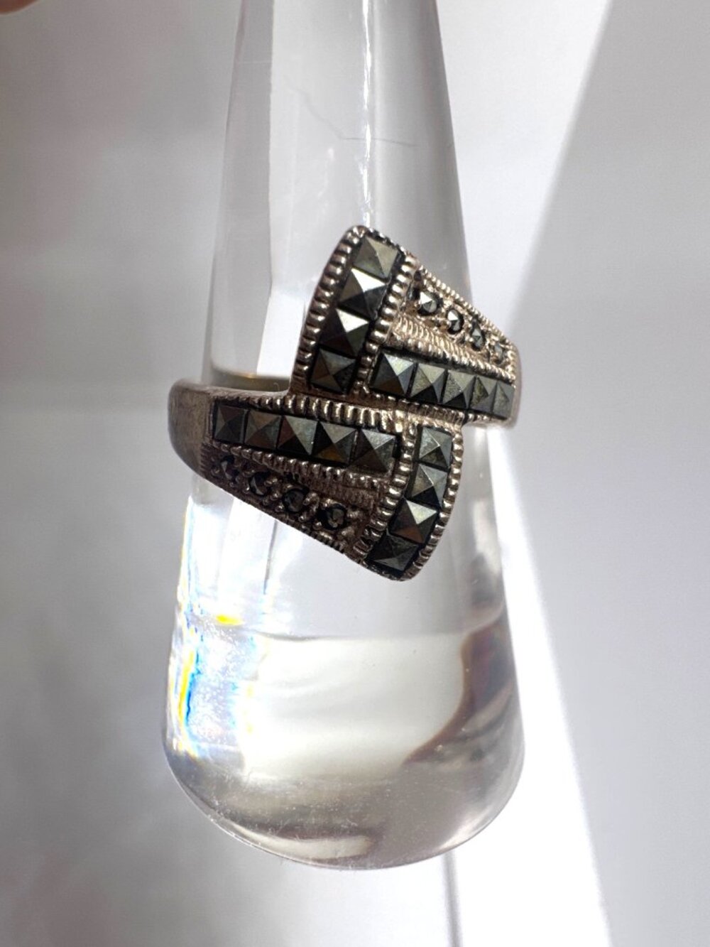 Vintage 925 Sterling Silver Marcasite Bypass Wrap Ring Art Deco Style Size 7.75